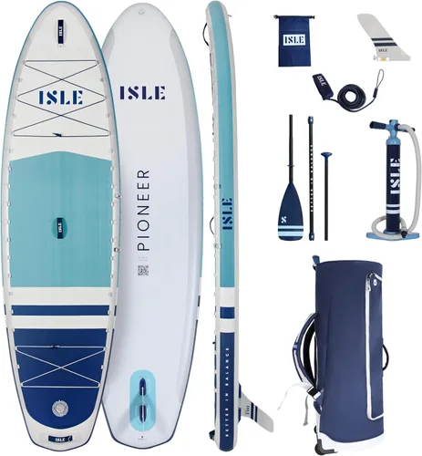 ISLE Pioneer - Tabla inflable de remo para pie, incluye correa de bobina, aleta de giro, mochila de viaje, bomba de mano, remo - SUP apto para