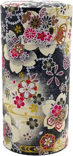 野口熊太郎茶園 Bote de té japonés Hanatsudumi (tambor de flores) azul oscuro negro/doble tapa/papel washi japonés pegado/7.05 oz capacidad de té/hojas