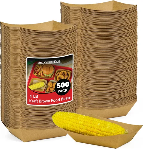 Stock Your Home Paquete de 100 bandejas de papel kraft marrón de 1 libra, bandeja de concesión desechable, botes para servir aperitivos de fiesta,
