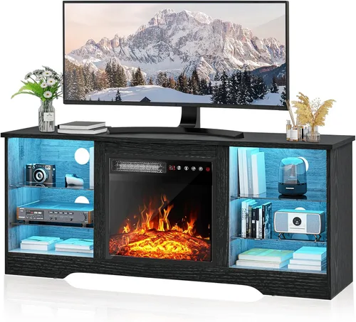 Miniatura 16 de PUKAMI Soporte de TV con chimenea de 18 pulgadas para sala de estar, centro de entretenimiento de 58 pulgadas con luces para las patas, gabinete