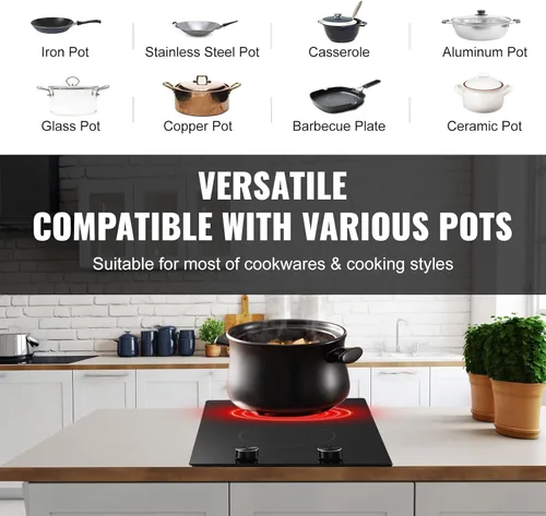 Miniatura 6 de VEVOR Electric Cooktop, 12 inch 2 Burners Built-in Electric Stove Top, 3000W Ceramic Top Radiant Cooktop, with 11 Heat Levels, Glass Panel, Knob