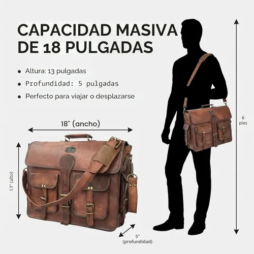 Miniatura 4 de cuero Bolsa de mensajero de cuero para hombre, 18 pulgadas, bandolera para computadora portátil, bolsa de hombro de cuero hecha a mano para hombres