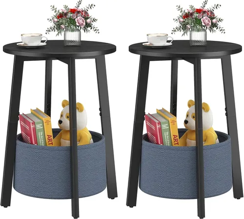 Miniatura 16 de sthmec Mesa auxiliar pequeña redonda con cesta de almacenamiento de tela, mesa de centro redonda con marco de metal para sofás de cama, mesas