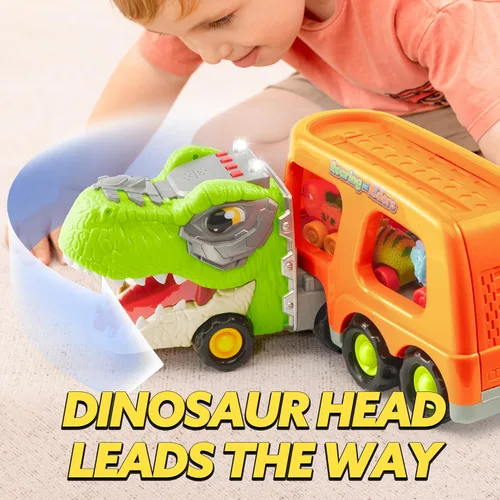 Miniatura 8 de JOYIN Juguetes de dinosaurio para niños de 2 a 4 años, juguetes para niños pequeños, camión transportador de dinosaurios con 6 vehículos de carro