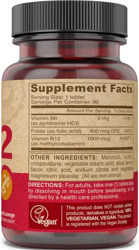 Miniatura 3 de DEVA Suplemento vegano de disolución rápida de vitamina B12, complejo una vez al día con 1000 Mcg de metilcobalamina B12, ácido fólico, B6 - Sabor a