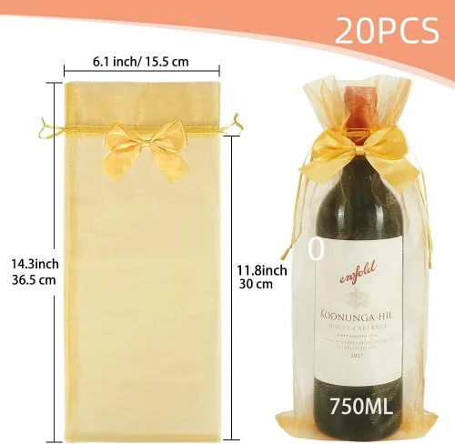 Miniatura 2 de Paquete de regalo para fiesta de celebración, bolsas de vino de organza doradas, 20 bolsas con cordón para botellas con lazo, bolsas de regalo
