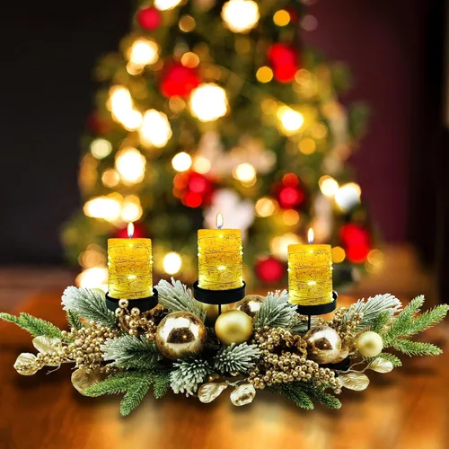 Miniatura 2 de YULETIME Candelabro triple de Navidad de 28 pulgadas, portavelas navideño con tres bandejas, bolas doradas, bayas y hojas doradas, agujas de pino