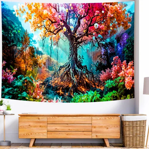 Miniatura 3 de Delur Tapiz de bosque con diseño de árbol de la vida, bosque tropical, para colgar en la pared, colorido paisaje místico, cabecero psicodélico