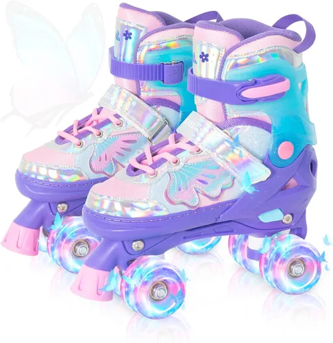 Miniatura 8 de MammyGol Patines de ruedas para niños y niñas, patines ajustables para niños con hermosas mariposas, principiantes de 3 a 16 años de edad, patines