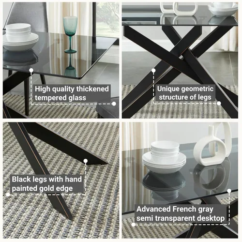 Miniatura 4 de Mesa de comedor de estilo moderno con parte superior de vidrio templado gris y patas tubulares de metal negro, 58.5 pulgadas de largo x 29 pulgadas