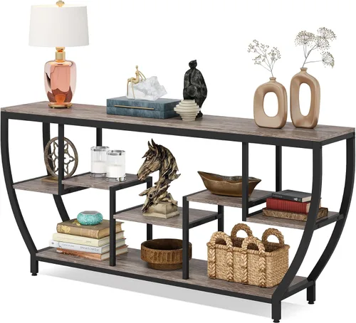 Miniatura 8 de Tribesigns Mesa de sofá de 70.9 pulgadas de largo con estantes, mesa consola rústica con almacenamiento, mesa de entrada industrial, soporte de TV