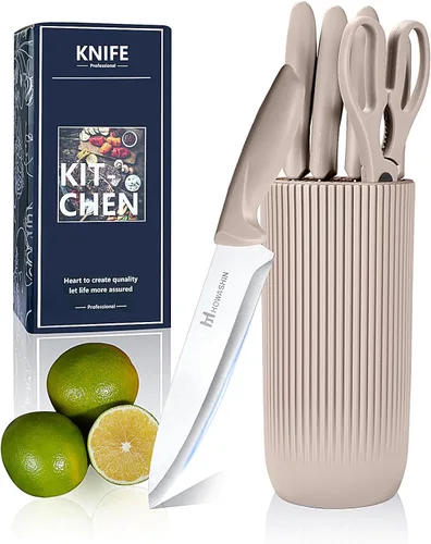 Miniatura 8 de Juego de cuchillos negros con bloque, juego de 6 cuchillos para tijeras de cocina con soporte compacto, cuchillo de chef afilado sin palo, diseño