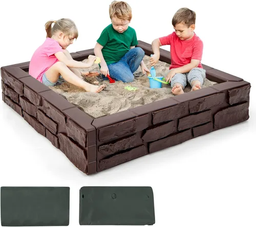 Costzon Caja de arena para niños con cubierta, caja de arena de polietileno de alta densidad de 47 x 47 pulgadas con cubierta Oxford, forro Marrón