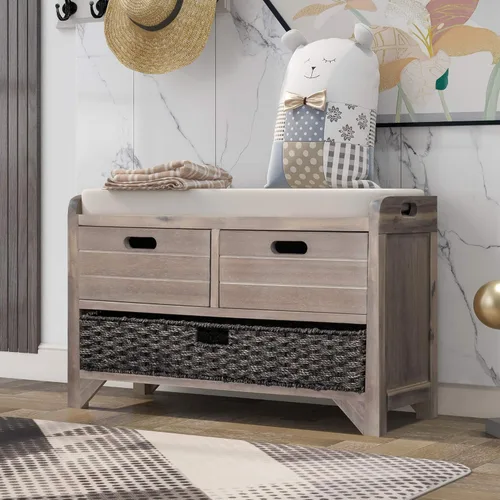 Miniatura 10 de Banco de almacenamiento, banco de entrada con cesta extraíble y 2 cajones, banco de zapatos con cojín extraíble para pasillo, entrada, sala