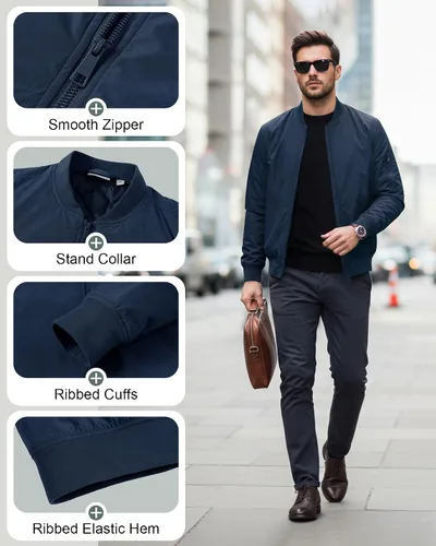 Miniatura 5 de 33,000ft Chaqueta bomber para hombre, impermeable, con cremallera, acolchada, ligera, cálida, casual, primavera, otoño e invierno Mezclilla oscura