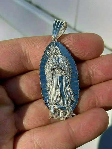 Miniatura 6 de Harlembling Solid 925 Sterling Silver - Men's Virgin Mary Pendant - Iced Nuestra Señora de Guadalupe
