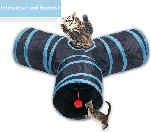 Miniatura 5 de Túnel para gatos, tubos de juguete, túneles para gatos de interior, juguete interactivo plegable de 3 vías en azul con bolas para conejos, gatitos