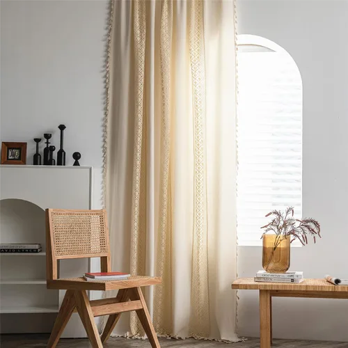 Miniatura 5 de Deeprove - Cortinas bohemias de 63 pulgadas de largo para dormitorio, rayas de lunares de punto hueco beige y patchwork de algodón y lino crema