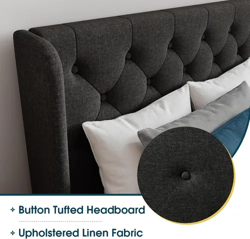 Miniatura 3 de WEEWAY Base de cama tapizada de tamaño matrimonial con cabecera copetuda con respaldo de alas, plataforma moderna con soporte de listones de madera