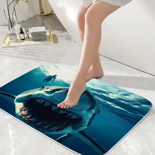 Divertidas alfombras de baño de terciopelo coral con mandíbulas náuticas subacuáticas con diseño de tiburón y playa, antideslizantes, juego de Azul