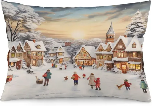Miniatura 27 de Funda de almohada con escena de pueblo navideño con niños, fundas de almohada de 12 x 20 pulgadas, almohadas decorativas de Navidad para sofá, funda