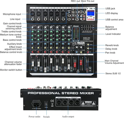 Miniatura 4 de Mezcladores DJ jindaaudio Consola de Mezcla de Audio de 8 Canales con Bluetooth, Interfaz de Audio USB con Alimentación Fantasma de 48V, Mesa