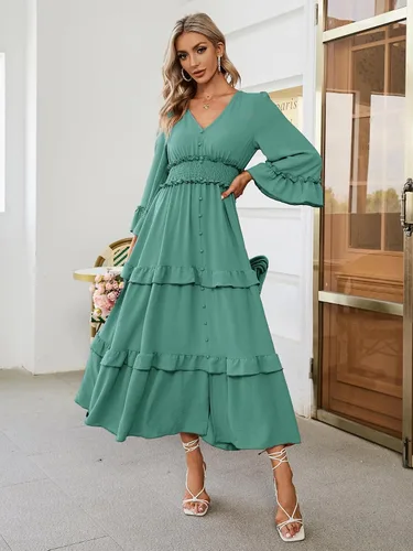 Miniatura 7 de Amegoya Vestido largo de manga larga con cuello en V bohemio para mujer, de verano, para invitadas de boda, de estilo fluido, para compromisos