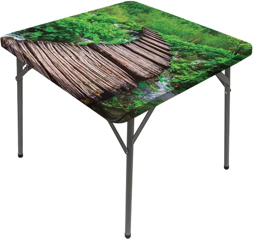 Manteles de bosque, camino en estanque sobre lago, bosque lluvioso natural, cuadrado, se adapta a mesas de 24 x 24 pulgadas, para exteriores,