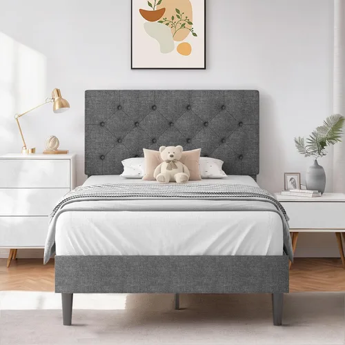 Miniatura 21 de HOMBCK Marco de Cama Queen con Cabecera Capitoné con Botones, Marco de Cama de Plataforma Tapizada Azul, Tela Suave/Soporte de Listones de Madera/No