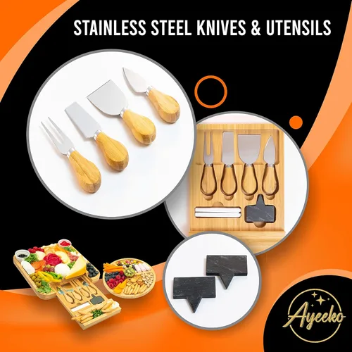 Miniatura 4 de Ayeeko Tablas de queso de bambú, tabla de carne de embutidos con cajón deslizante, 4 cuchillos de acero inoxidable y cuencos de cerámica, bandeja