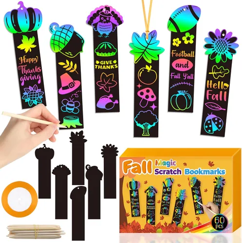 BeYumi 60 marcapáginas de rascar de cosecha de otoño para niños, bricolaje, hoja, otoño, calabaza, pavo, arte mágico, arco iris, kit de manualidades