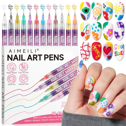Miniatura 7 de AIMEILI Juego de bolígrafos de arte de uñas de 12 colores, bolígrafos de pintura acrílica de punta fina para salón y hogar, diseño de uñas, pincel
