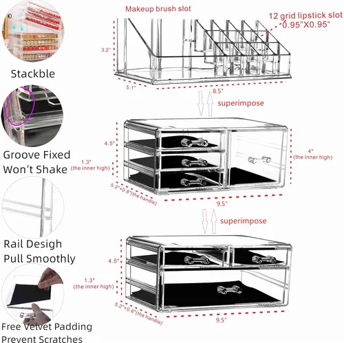 Miniatura 2 de Cq acrylic Organizador de maquillaje para el cuidado de la piel, grandes vitrinas transparentes para cosméticos, caja de almacenamiento apilable
