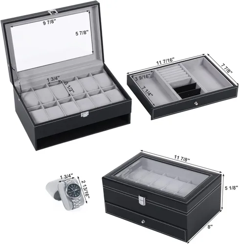 Miniatura 7 de BEWISHOME Caja organizadora de 12 relojes con cajón de exhibición de joyas, bandeja ajustable, caja de almacenamiento de reloj para hombres con tapa