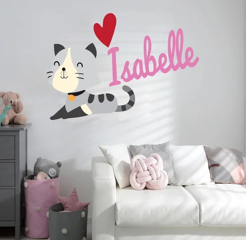 Calcomanía de pared de gato lindo con nombre personalizado, decoración de pared de gatito, calcomanía de gatito extraíble para despegar y pegar,