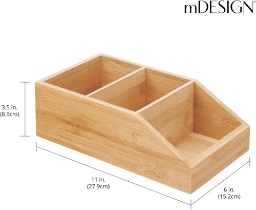 Miniatura 3 de mDesign Caja organizadora compacta de madera de bambú para baño, 3 secciones divididas, gabinetes, estantes, encimeras, dormitorio, cocina