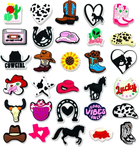 30 50 dijes bohemios de vaquera rosa para zapatos para decoración de zuecos Crock, sandalias de paz, accesorios para niñas, mujeres, niños y