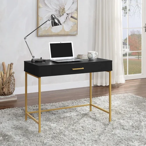 Miniatura 9 de OSP Home Furnishings Modern Life - Escritorio contemporáneo con cajón grande y patas de metal dorado, acabado negro