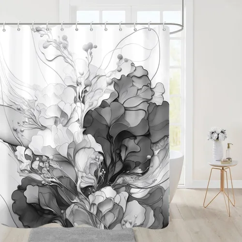 Cortina de ducha con flores grises para baño, juego de cortina de ducha de mármol gris claro y blanco con ganchos, decoración floral abstracta para
