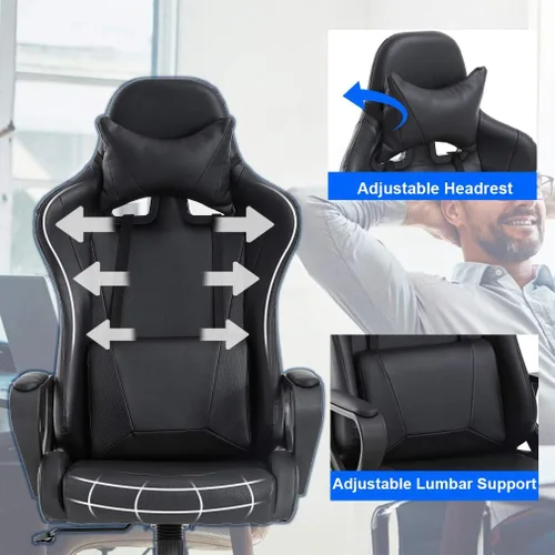Miniatura 4 de Silla de oficina para videojuegos con brazos y apoyo lumbar, reposacabezas con respaldo alto, de piel sintética, silla de escritorio ergonómica