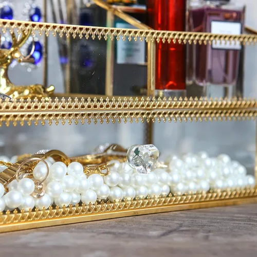 Miniatura 8 de Caja de cristal dorada, bandeja de vidrio, organizador de exhibición de maquillaje en la cómoda, almacenamiento cosmético multifuncional