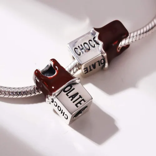 Miniatura 3 de Dijes de chocolate esmaltado marrón de plata de ley 925 con dije de cristal de sandía, colgantes de limón para pulseras Pandora