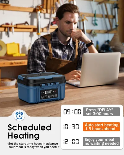 Miniatura 4 de Fiambrera eléctrica inalámbrica para adultos – Fiambrera calentada a batería con recipiente de acero inoxidable de 1.2 L, función de temporizador