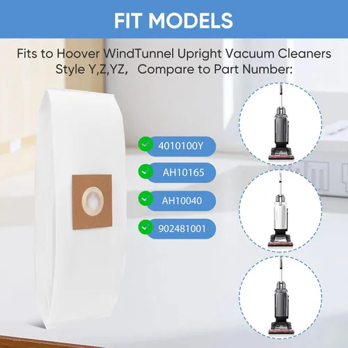 Miniatura 2 de Paquete de 12 bolsas de vacío con filtro tipo Y para aspiradoras Hoover WindTunnel de estilo vertical Y, Z, YZ, repuesto para piezas 4010100Y