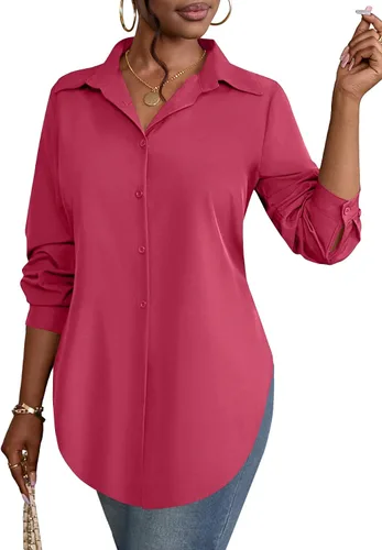 Miniatura 22 de Rooscier Blusa larga con cuello en V para mujer, manga larga, abertura lateral, con botones