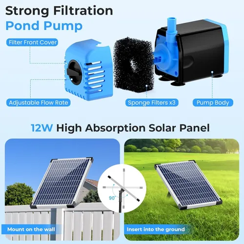 Miniatura 4 de POPOSOAP Pond Filter with 12W Solar Fountain Pump, Solar Pond Filter with 160GPH Pump & Fountain Kit, Outdoor Filter Box with 6.6FT PVC Tubing