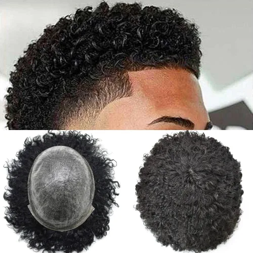 Miniatura 9 de Pelucas negras Afro Toupee de 0.236 pulgadas para hombre, con ondas afro de piel de polietileno, inyección de poliuretano, sistema de reemplazo