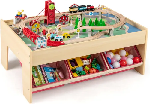 Miniatura 10 de Costzon Mesa de tren, 80 piezas, mesa de actividades de madera para niños con mesa reversible y desmontable, pistas de madera maciza, tren