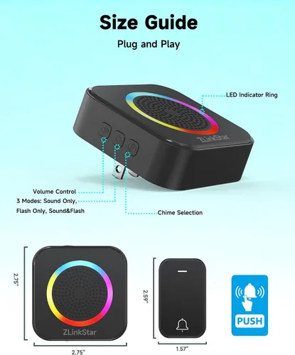 Miniatura 8 de Kit de timbre inalámbrico, timbre autoalimentado sin batería, rango de 600 pies, 63 campanas seleccionables, volumen ajustable con luz RGB, timbre
