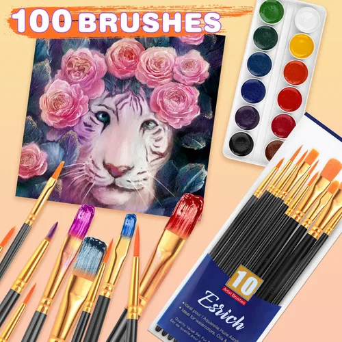 Miniatura 5 de Juego de pinceles de pintura acrílica ESRICH, 10 paquetes/100 piezas de pinceles de acuarela, cabeza de cepillo de nylon, para pintura al óleo, Negro